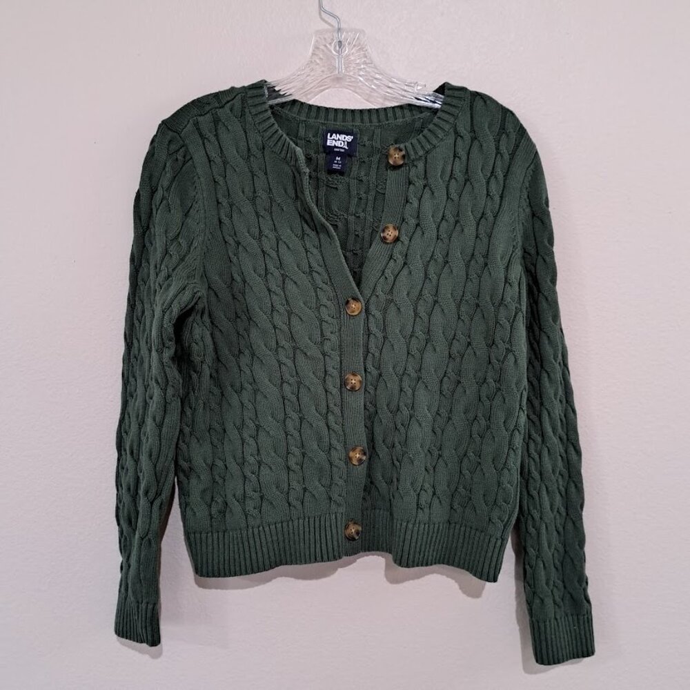 Land's End Girls Medium Cable knit cardigan green warm long sleeve